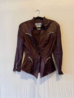 THIERRY MUGLER Women's Vintage Wool Silver Metal Accent Jacket Size 38 Bordeaux